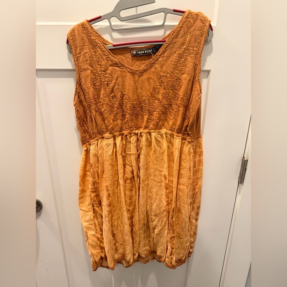 Raya Sun Boho Embroidered Tunic Top Mustard Gold Sequin Detail Sleeveless LARGE